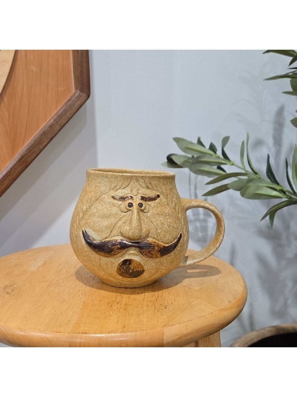 Retro 70's/80's Pottery Craft U.S.A Whimsical Tan Ceramic Moustache Man Mug